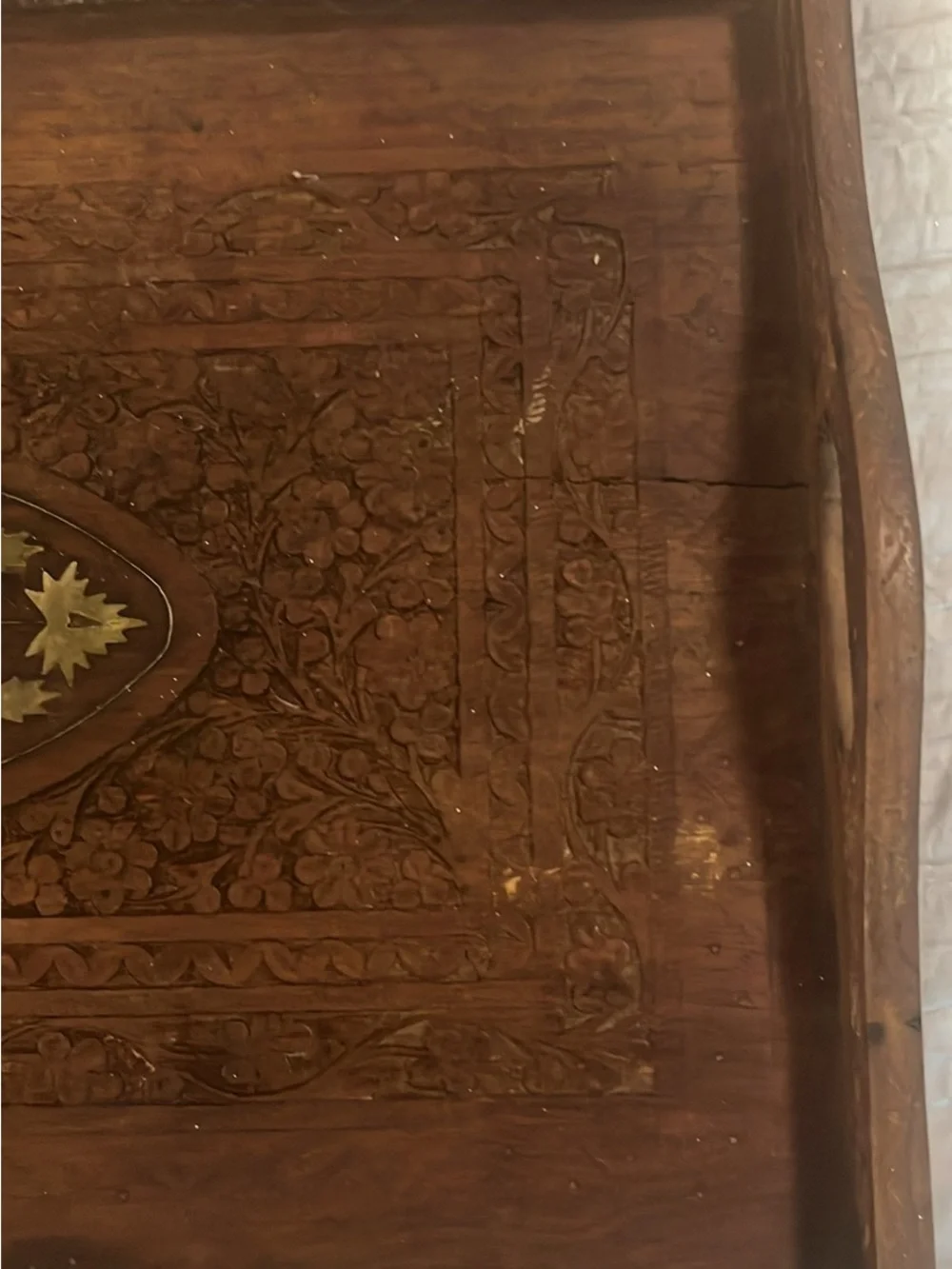 Carved Wooden Vanity Tray in Brown with Inlaid Leaf Motif